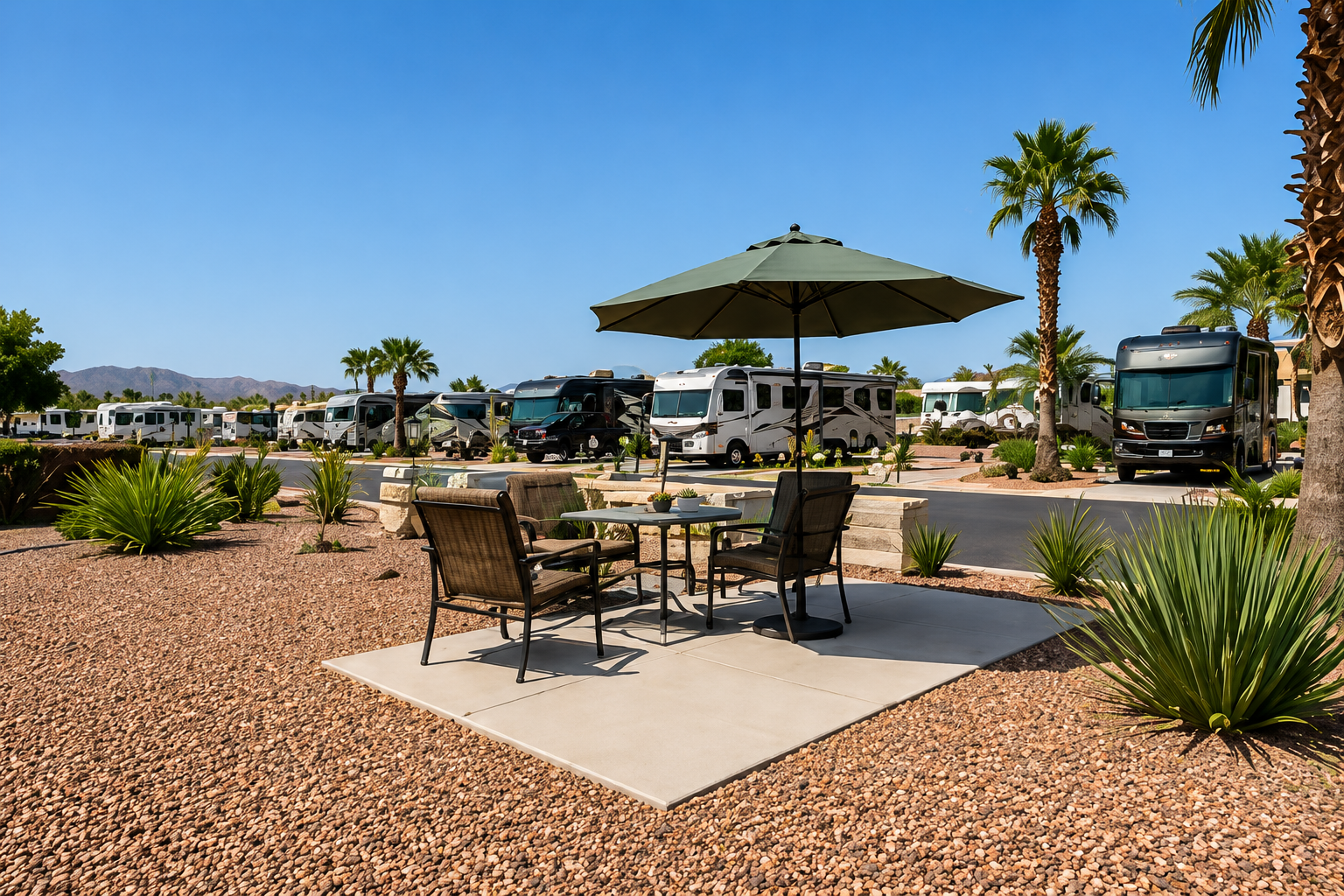 Premium end RV site with patio seating and palm trees