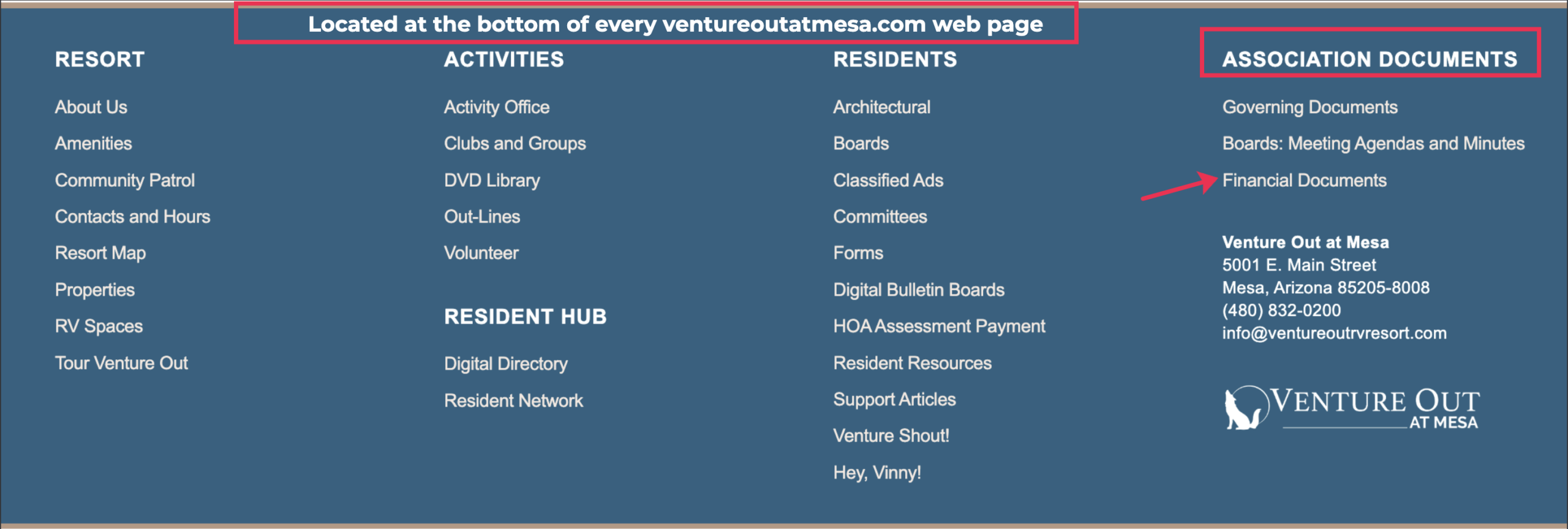 Venture Out website footer showing the Association Documents section.